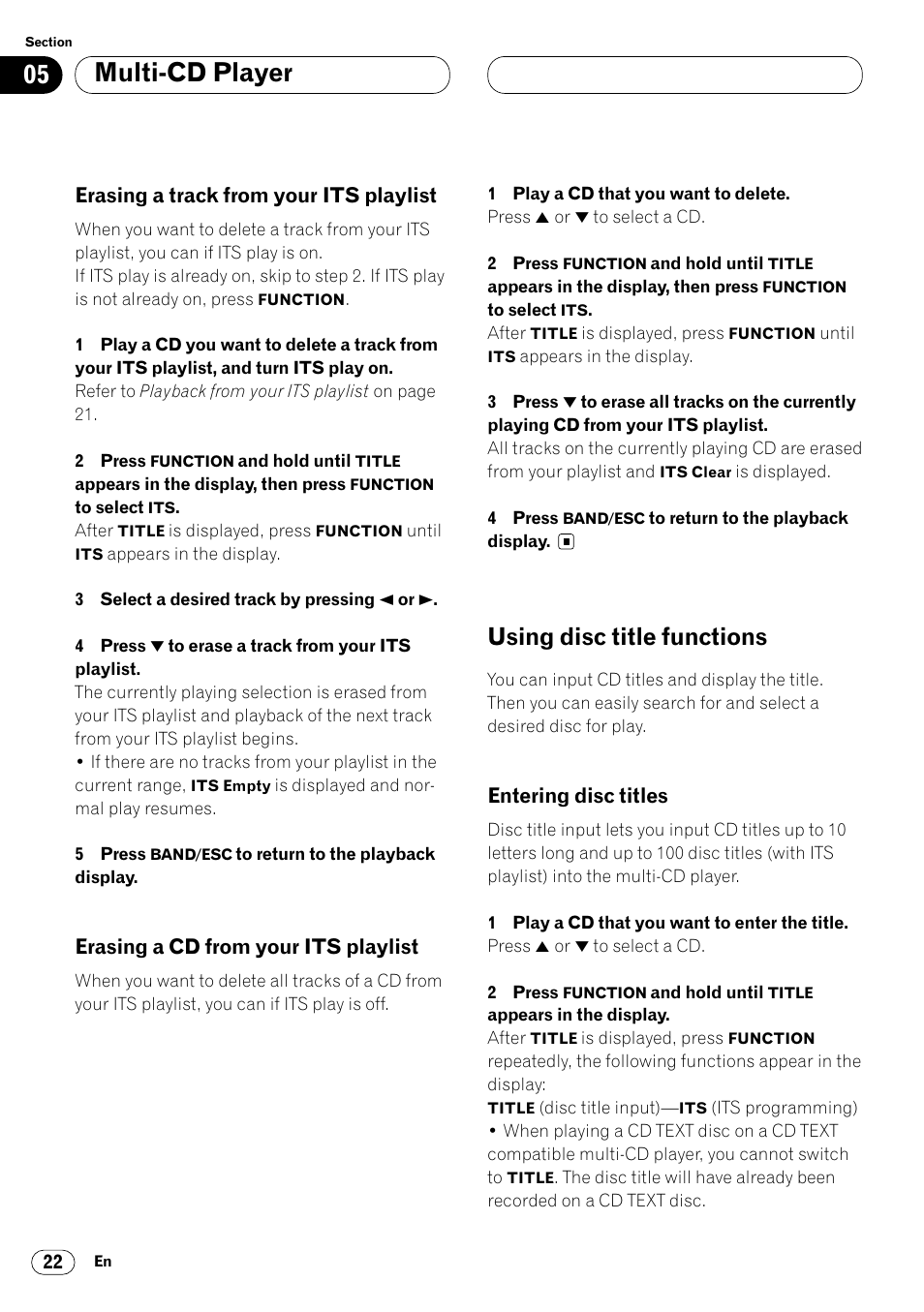 Erasing a track from your its, Playlist 22, Erasing a cd from your its playlist 22 | Using disc title functions 22, Entering disc titles 22, Multi-cd player, Using disc title functions, Erasing a track from your its playlist, Erasing a cd from your its playlist, Entering disc titles | Pioneer DEH-P6450 User Manual | Page 22 / 76