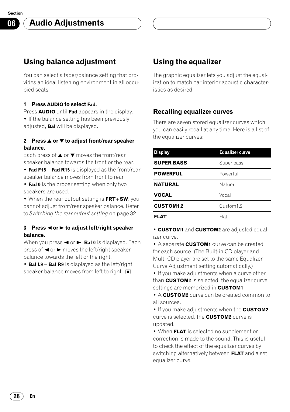 Using balance adjustment 26 using the equalizer 26, Recalling equalizer curves 26, Audio adjustments | Using balance adjustment, Using the equalizer, Recalling equalizer curves | Pioneer DEH-P6450 User Manual | Page 26 / 76