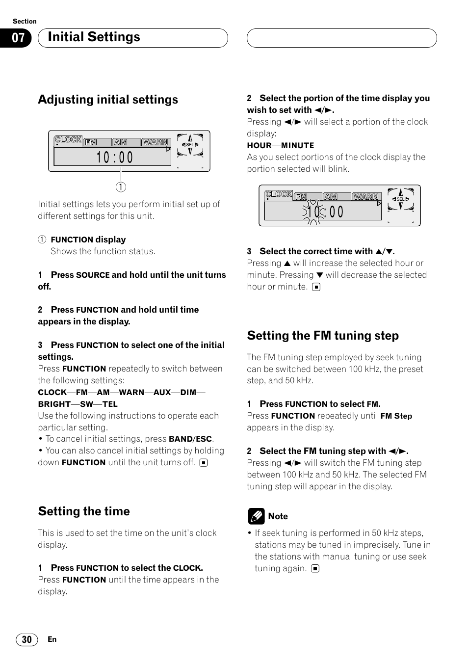 Initial settings, Adjusting initial settings, Setting the time | Setting the fm tuning step | Pioneer DEH-P6450 User Manual | Page 30 / 76