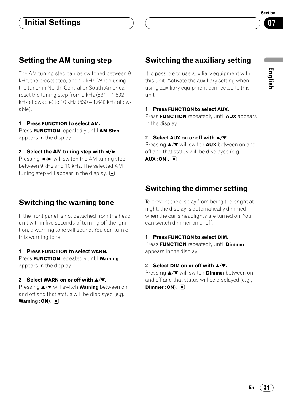 Initial settings, Setting the am tuning step, Switching the warning tone | Switching the auxiliary setting, Switching the dimmer setting | Pioneer DEH-P6450 User Manual | Page 31 / 76