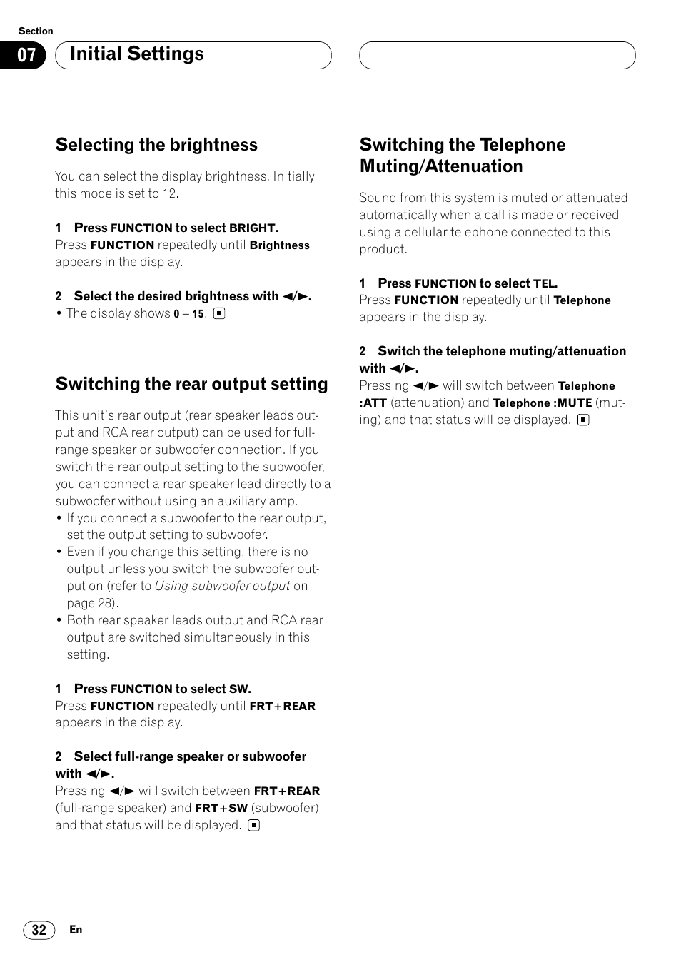 Muting/attenuation 32, Initial settings, Selecting the brightness | Switching the rear output setting, Switching the telephone muting/attenuation | Pioneer DEH-P6450 User Manual | Page 32 / 76