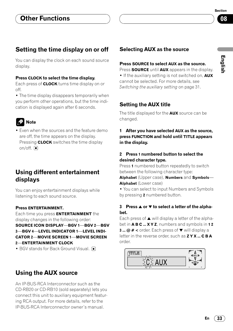 Other functions, Setting the time display on or off, Using different entertainment displays | Using the aux source | Pioneer DEH-P6450 User Manual | Page 33 / 76