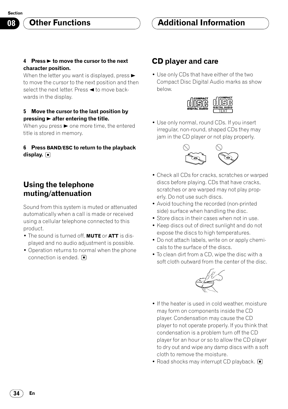 Using the telephone muting/attenuation 34, Additional information cd player and care 34, Additional information | Other functions, Using the telephone muting/attenuation, Cd player and care | Pioneer DEH-P6450 User Manual | Page 34 / 76