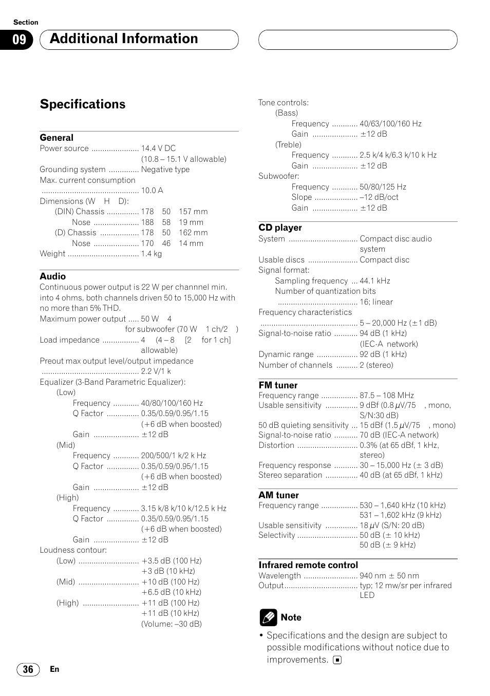 Specifications 36, Additional information, Specifications | Pioneer DEH-P6450 User Manual | Page 36 / 76