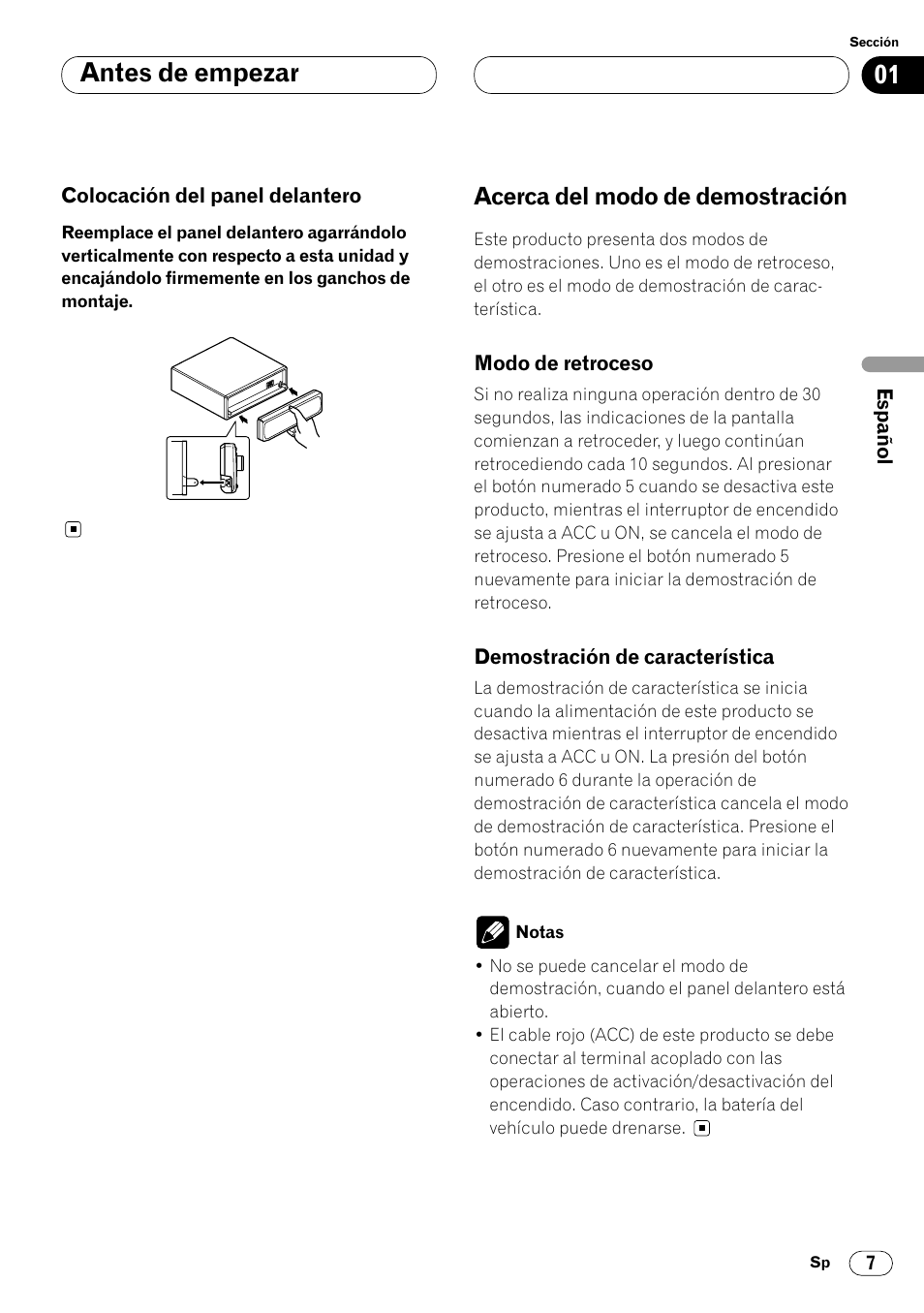 Colocación del panel delantero 7, Acerca del modo de demostración 7, Antes de empezar | Acerca del modo de demostración | Pioneer DEH-P6450 User Manual | Page 43 / 76