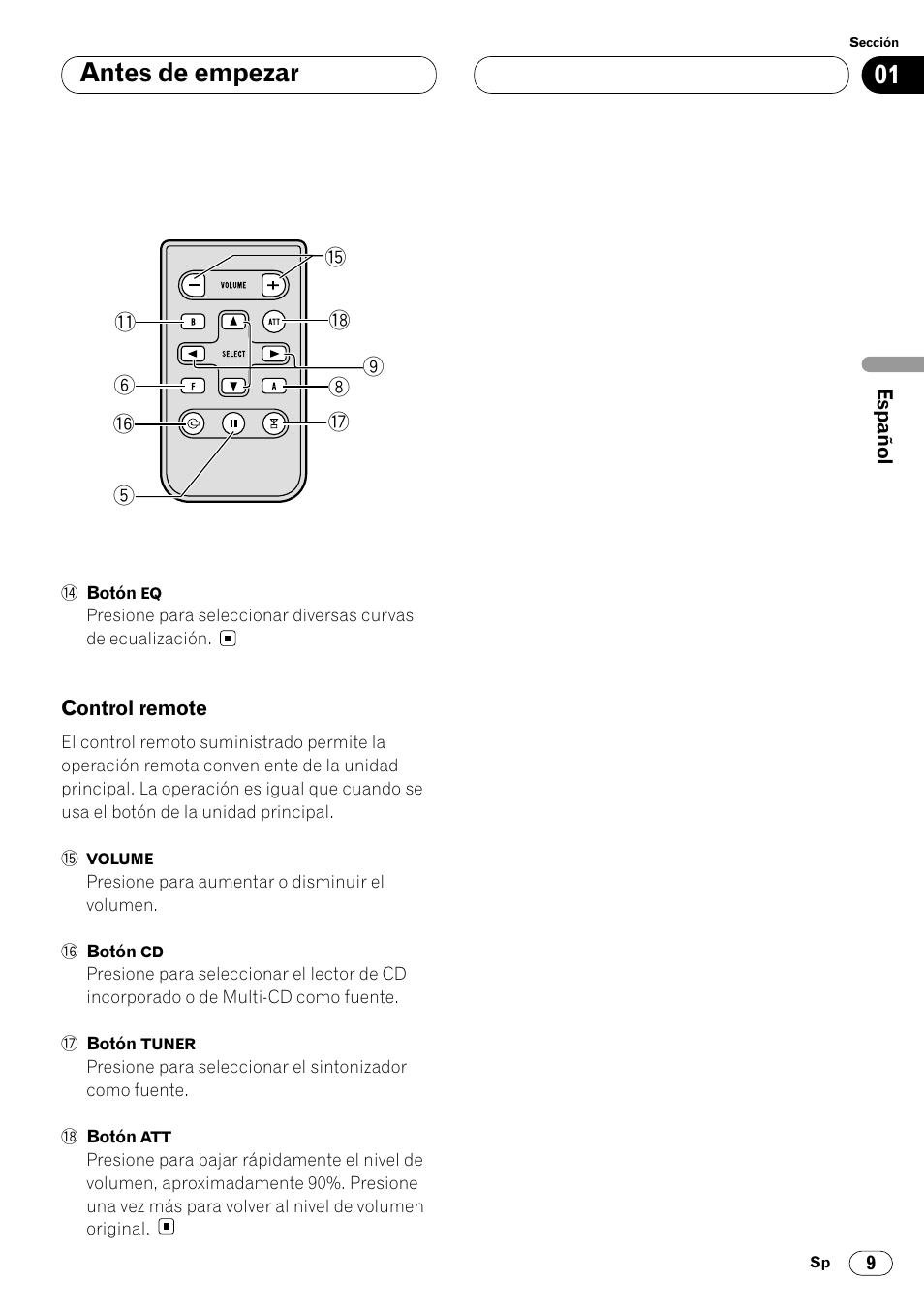 Control remote 9, 01 antes de empezar | Pioneer DEH-P6450 User Manual | Page 45 / 76