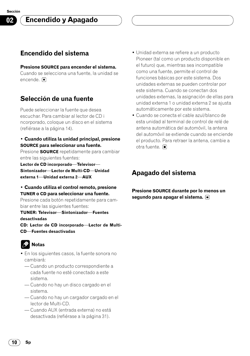 01 encendido y apagado, Encendido del sistema, Selección de una fuente | Apagado del sistema | Pioneer DEH-P6450 User Manual | Page 46 / 76