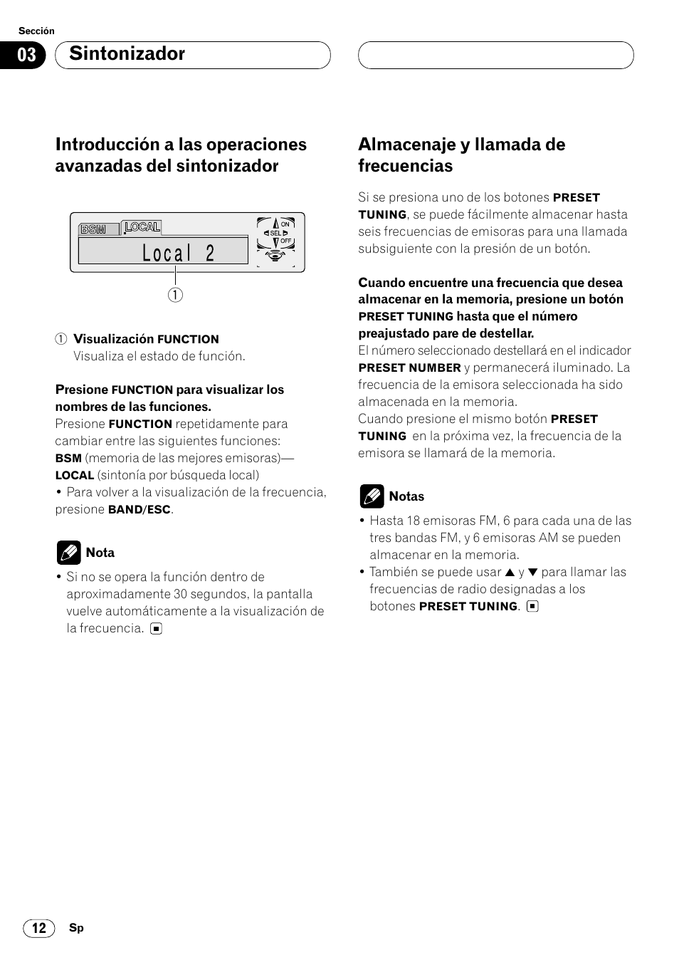 Introducción a las operaciones avanzadas, Del sintonizador 12, Almacenaje y llamada de frecuencias 12 | Sintonizador, Almacenaje y llamada de frecuencias | Pioneer DEH-P6450 User Manual | Page 48 / 76