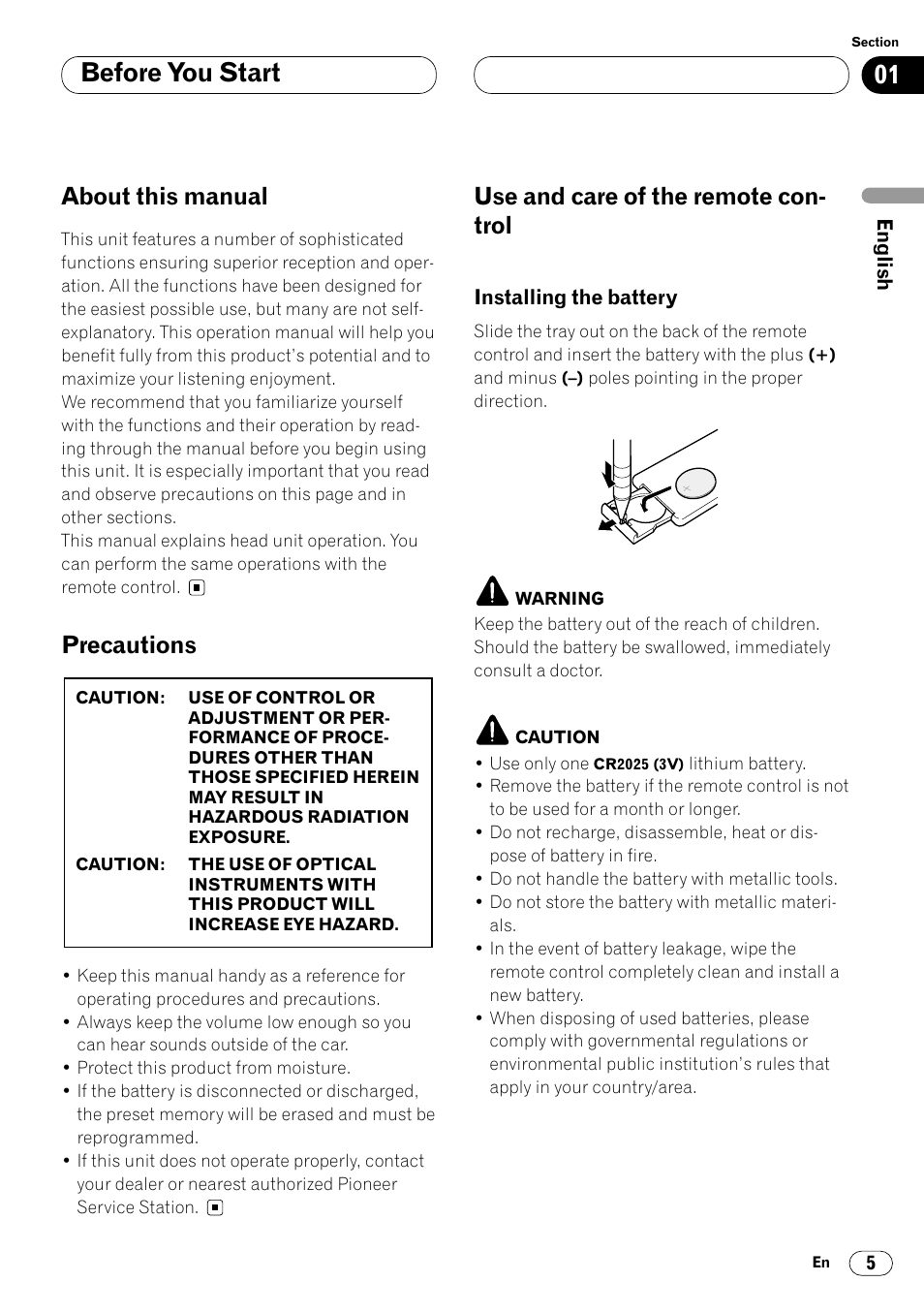 Installing the battery 5, 01 before you start, About this manual | Precautions, Use and care of the remote con- trol | Pioneer DEH-P6450 User Manual | Page 5 / 76