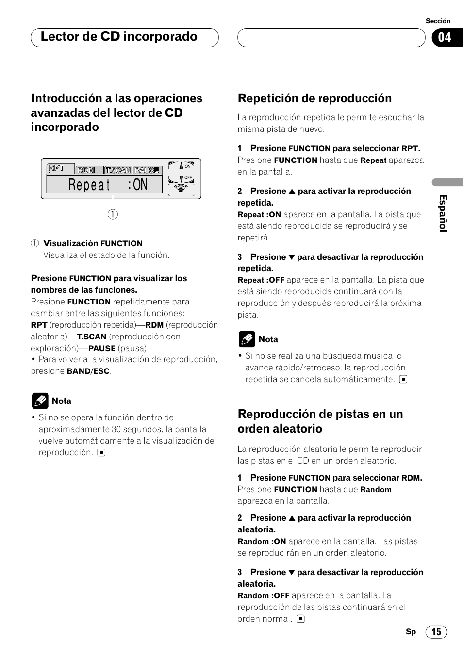 Introducción a las operaciones avanzadas, Del lector de cd incorporado 15, Aleatorio 15 | Lector de cd incorporado, Repetición de reproducción, Reproducción de pistas en un orden aleatorio | Pioneer DEH-P6450 User Manual | Page 51 / 76