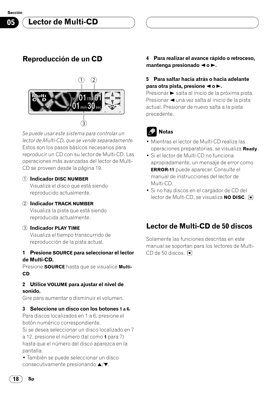 Lector de multi-cd, Reproducción de un cd, Lector de multi-cd de 50 discos | Pioneer DEH-P6450 User Manual | Page 54 / 76