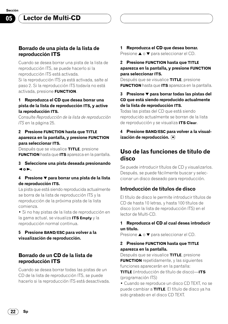 Borrado de una pista de la lista de, Reproducción its 22, Borrado de un cd de la lista de | Uso de las funciones de título de disco 22, Introducción de títulos de disco 22, Lector de multi-cd, Uso de las funciones de título de disco, Borrado de un cd de la lista de reproducción its, Introducción de títulos de disco | Pioneer DEH-P6450 User Manual | Page 58 / 76