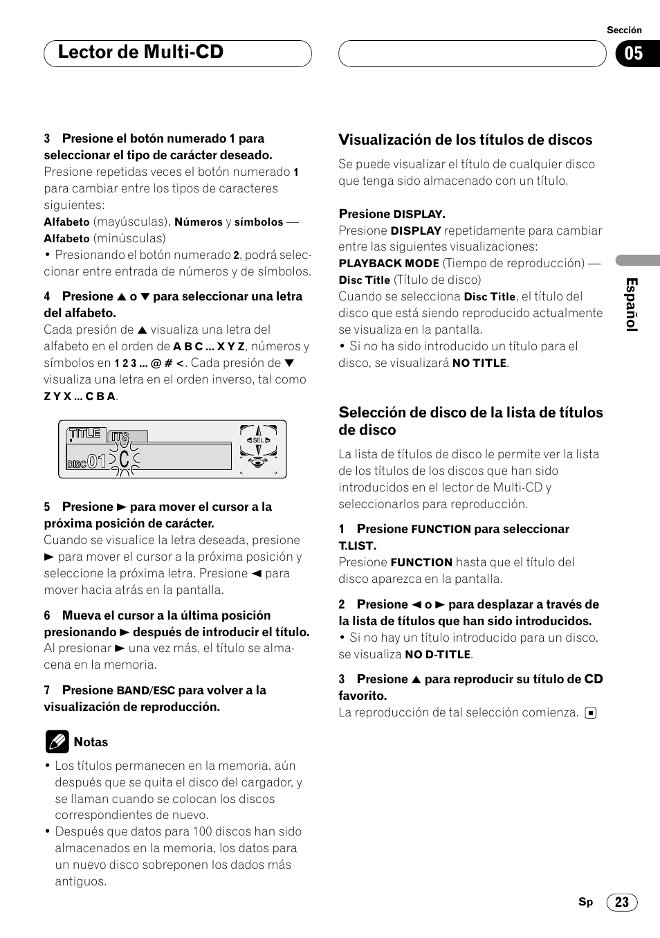 Visualización de los títulos de, Discos 23, Selección de disco de la lista de títulos | De disco 23, Lector de multi-cd | Pioneer DEH-P6450 User Manual | Page 59 / 76