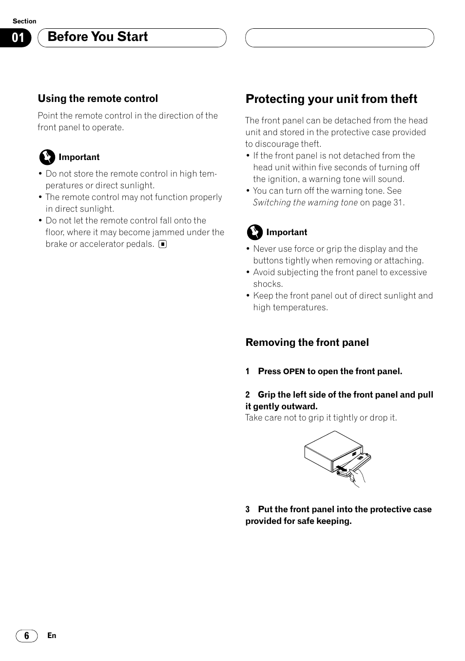 Using the remote control 6, Protecting your unit from theft 6, Removing the front panel 6 | 01 before you start, Protecting your unit from theft | Pioneer DEH-P6450 User Manual | Page 6 / 76