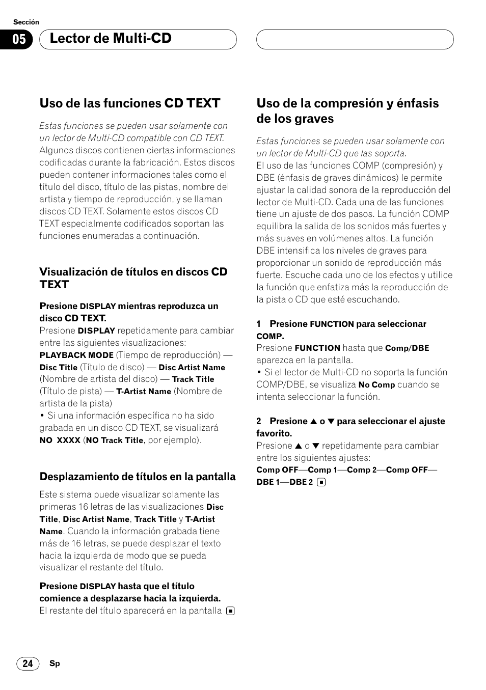 Uso de las funciones cd text 24, Visualización de títulos en discos cd, Text 24 | Desplazamiento de títulos en la, Pantalla 24, Uso de la compresión y énfasis de los, Graves 24, 06 lector de multi-cd, Uso de las funciones cd text, Uso de la compresión y énfasis de los graves | Pioneer DEH-P6450 User Manual | Page 60 / 76