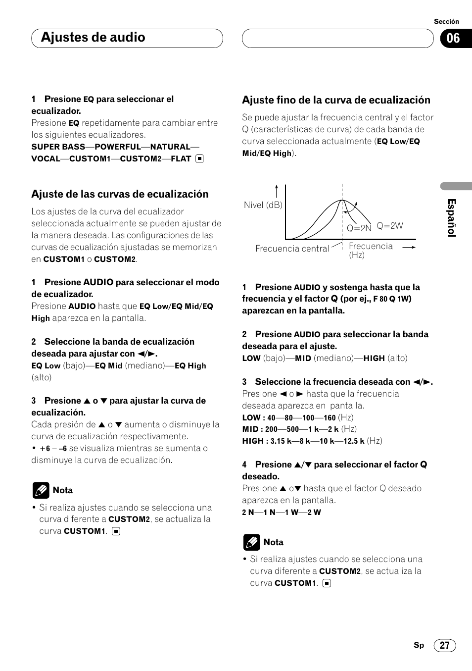 Ecualización 27, Ajustes de audio, Ajuste de las curvas de ecualización | Ajuste fino de la curva de ecualización | Pioneer DEH-P6450 User Manual | Page 63 / 76