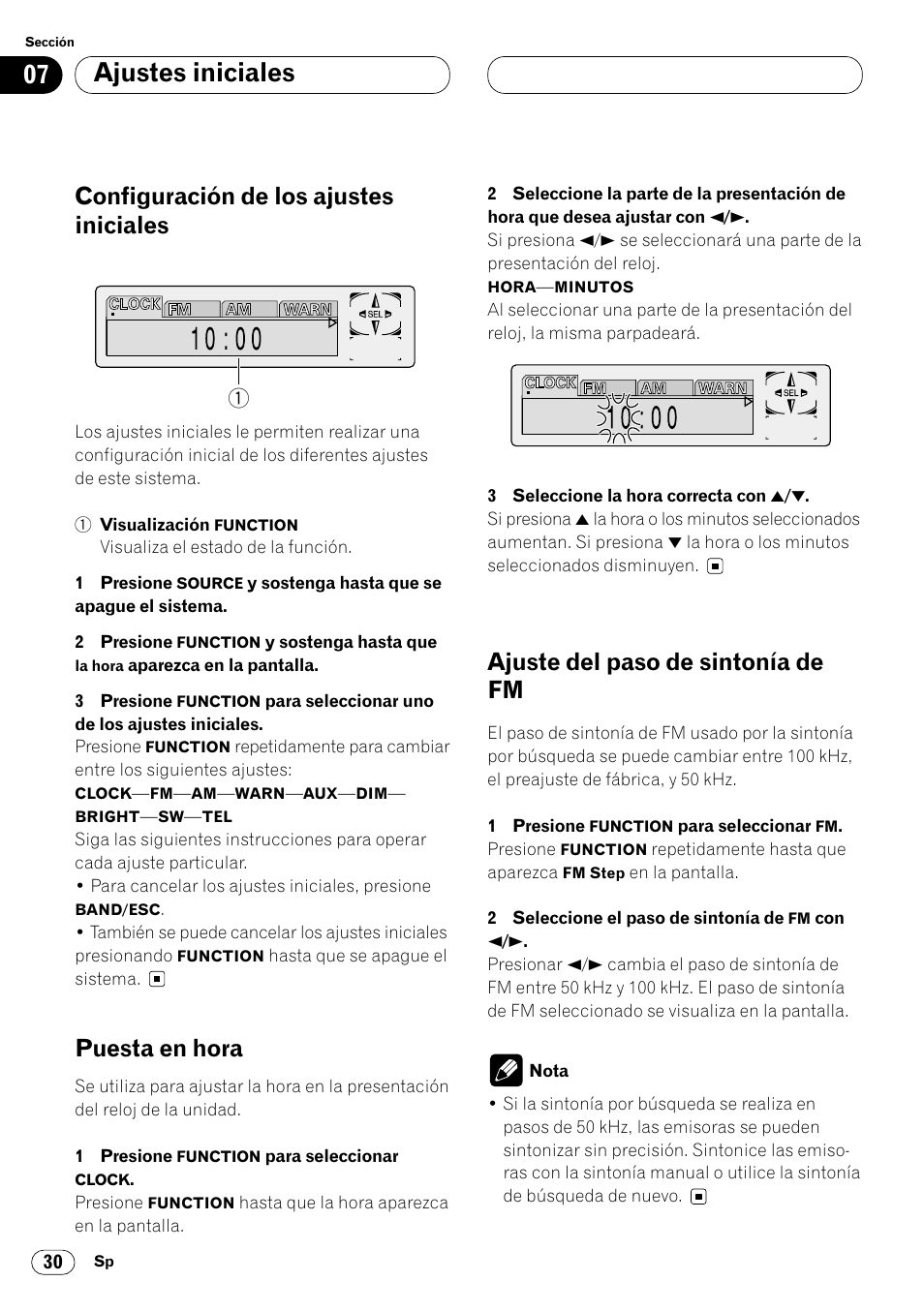 Ajustes iniciales configuración de los ajustes, Iniciales 30, Ajustes iniciales | Configuración de los ajustes iniciales, Puesta en hora, Ajuste del paso de sintonía de fm | Pioneer DEH-P6450 User Manual | Page 66 / 76