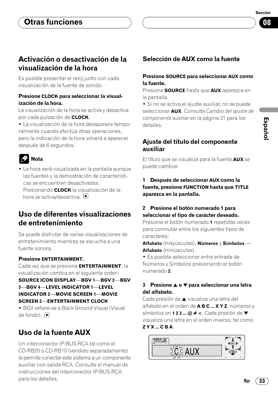 Otras funciones activación o desactivación de la, Visualización de la hora 33, Uso de diferentes visualizaciones de | Entretenimiento 33, Uso de la fuente aux 33, Auxiliar 33, Otras funciones, Uso de la fuente aux | Pioneer DEH-P6450 User Manual | Page 69 / 76