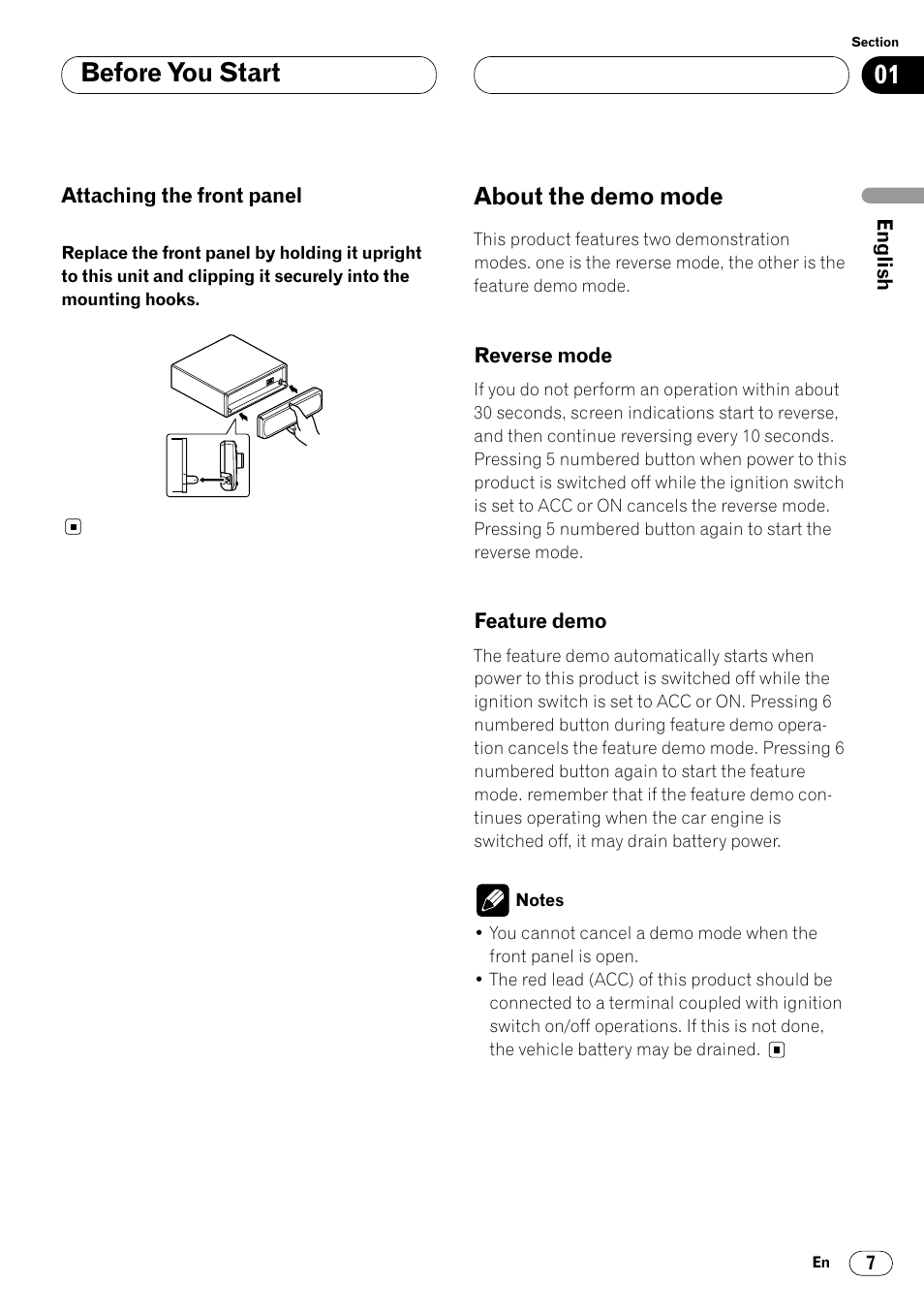 Attaching the front panel 7, About the demo mode 7, Reverse mode 7 • feature demo 7 | Before you start, About the demo mode | Pioneer DEH-P6450 User Manual | Page 7 / 76