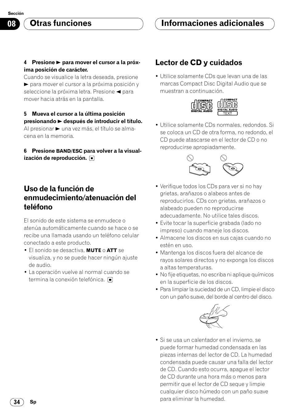 Uso de la función de enmudecimiento, Atenuación del teléfono 34, Informaciones adicionales | Otras funciones, Lector de cd y cuidados | Pioneer DEH-P6450 User Manual | Page 70 / 76