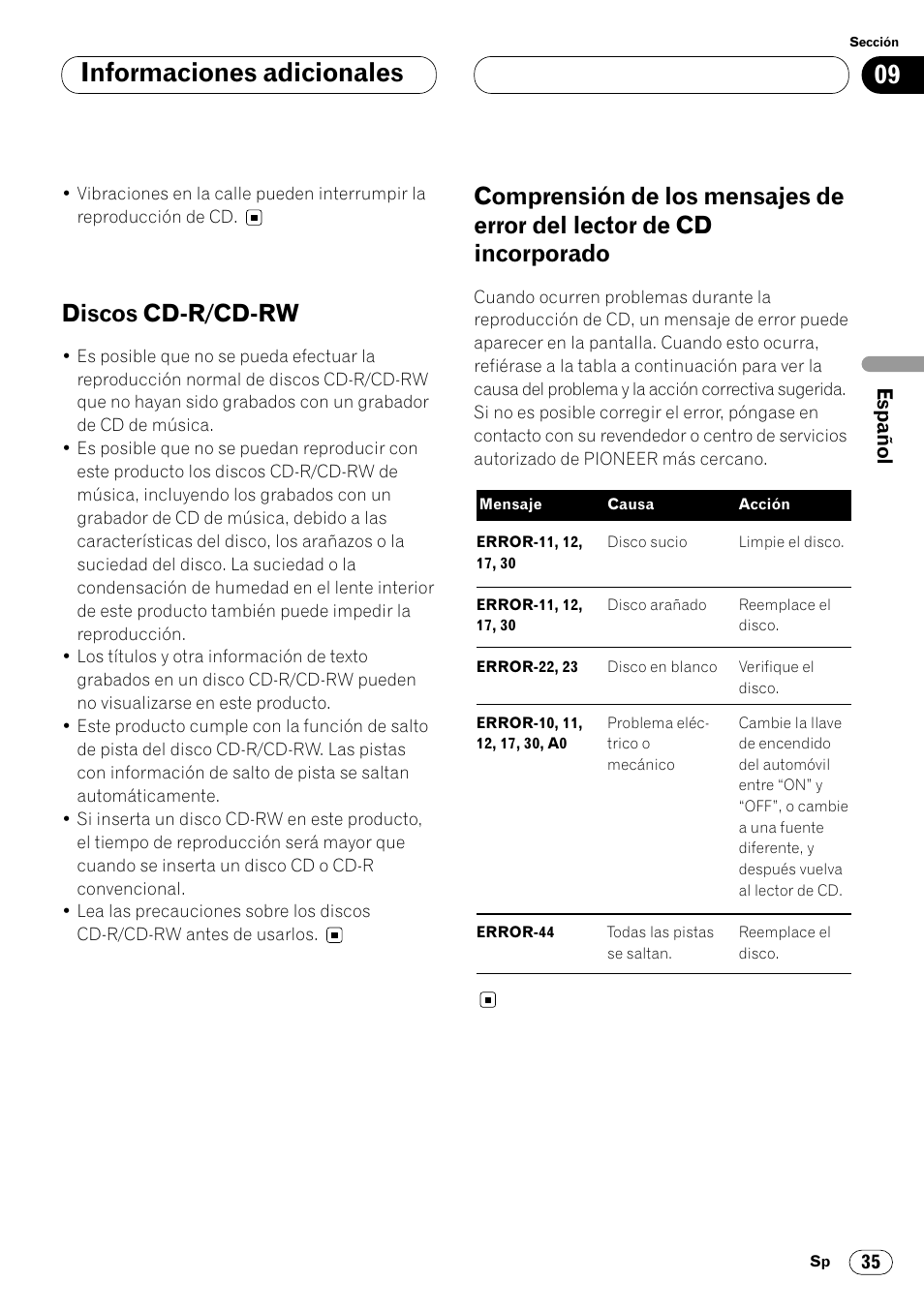 Lector de cd incorporado 35, Informaciones adicionales, Discos cd-r/cd-rw | Pioneer DEH-P6450 User Manual | Page 71 / 76