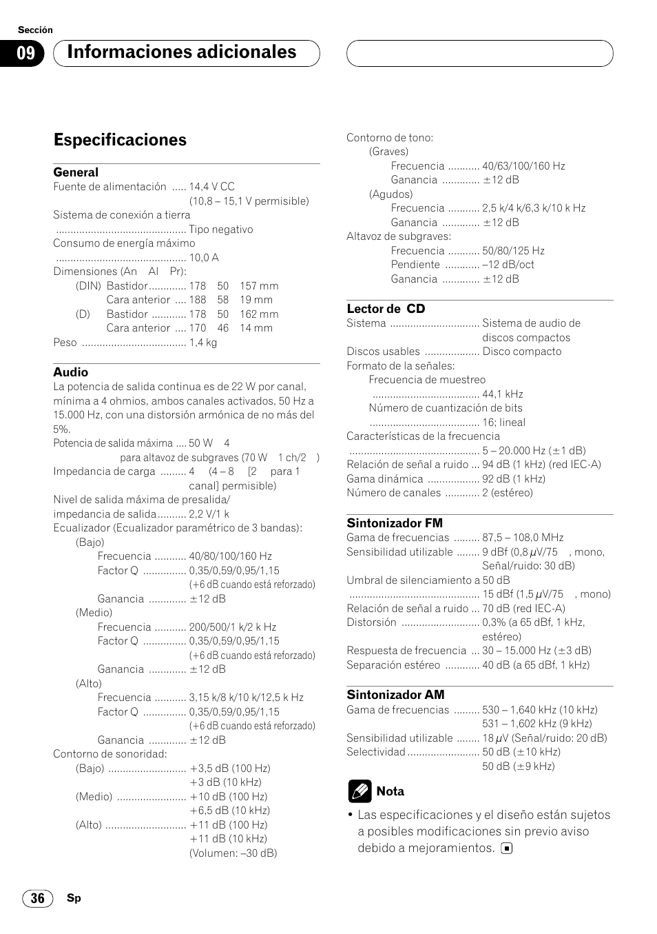 Especificaciones 36, Informaciones adicionales 10, Especificaciones | Pioneer DEH-P6450 User Manual | Page 72 / 76