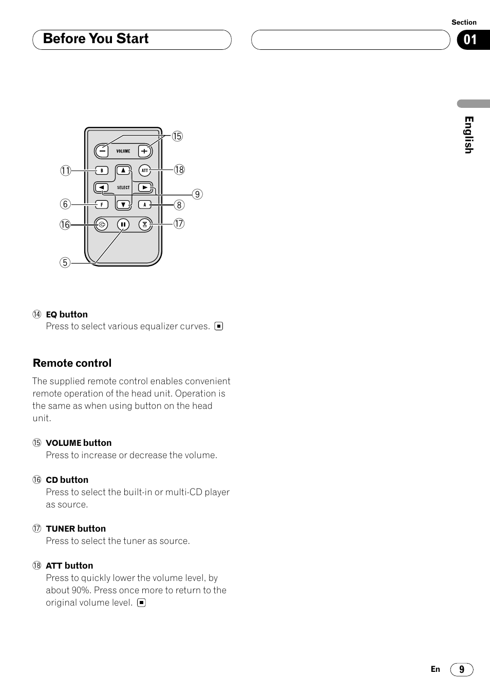 Remote control 9, 01 before you start | Pioneer DEH-P6450 User Manual | Page 9 / 76