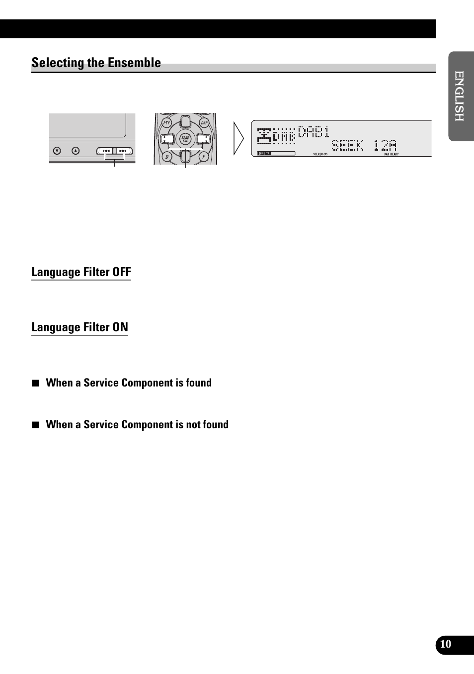 Selecting the ensemble, Language filter off, Language filter on | Pioneer GEX-P900DAB User Manual | Page 11 / 88