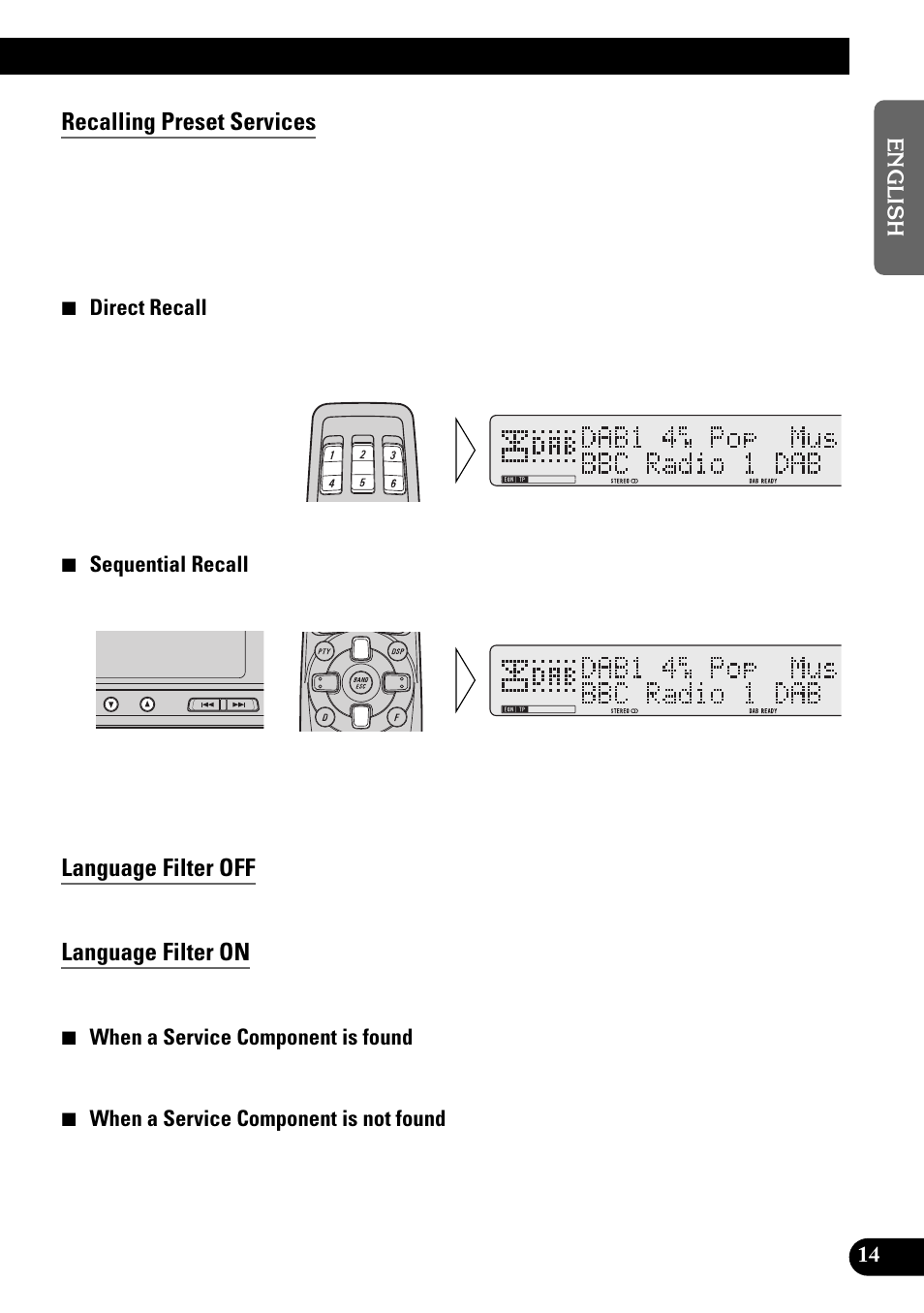 Recalling preset services, Language filter off, Language filter on | Pioneer GEX-P900DAB User Manual | Page 15 / 88