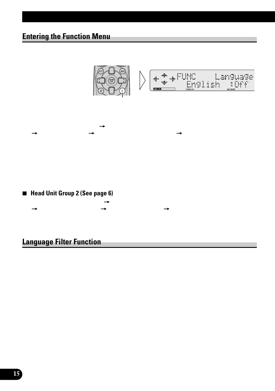Using the dab functions, Entering the function menu, Language filter function | Pioneer GEX-P900DAB User Manual | Page 16 / 88