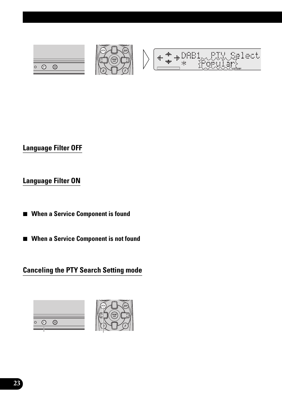 Using the dab functions, Language filter off, Language filter on | Canceling the pty search setting mode | Pioneer GEX-P900DAB User Manual | Page 24 / 88