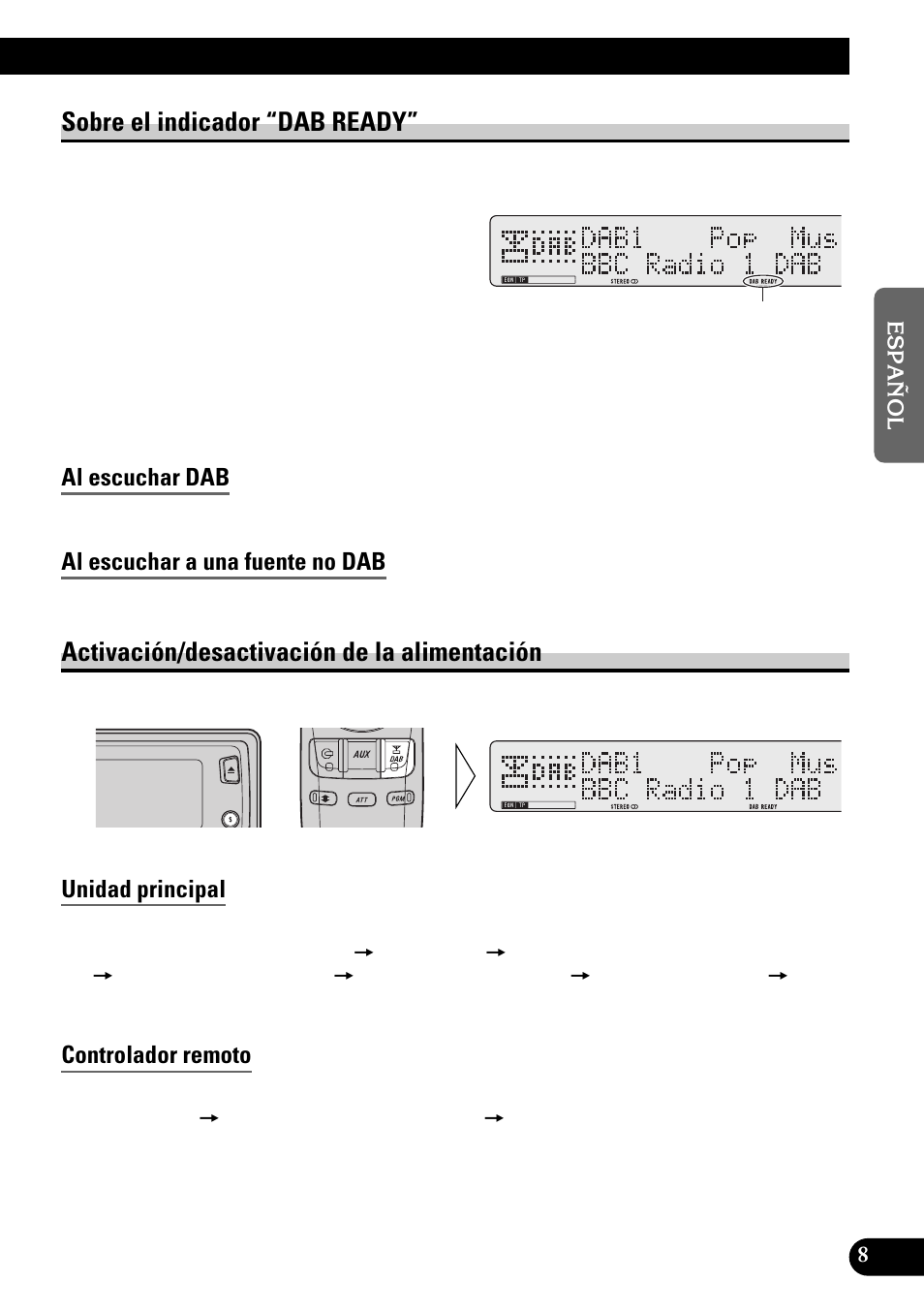 Sobre el indicador “dab ready, Activación/desactivación de la alimentación, Al escuchar dab | Al escuchar a una fuente no dab, Unidad principal, Controlador remoto | Pioneer GEX-P900DAB User Manual | Page 37 / 88