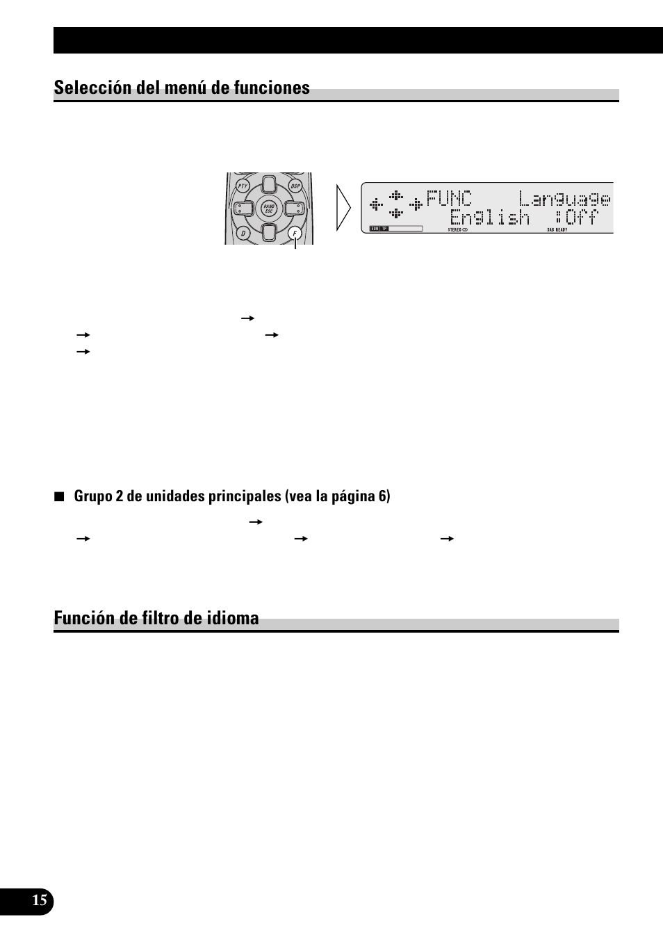 Uso de las funciones dab, Selección del menú de funciones, Función de filtro de idioma | Pioneer GEX-P900DAB User Manual | Page 44 / 88