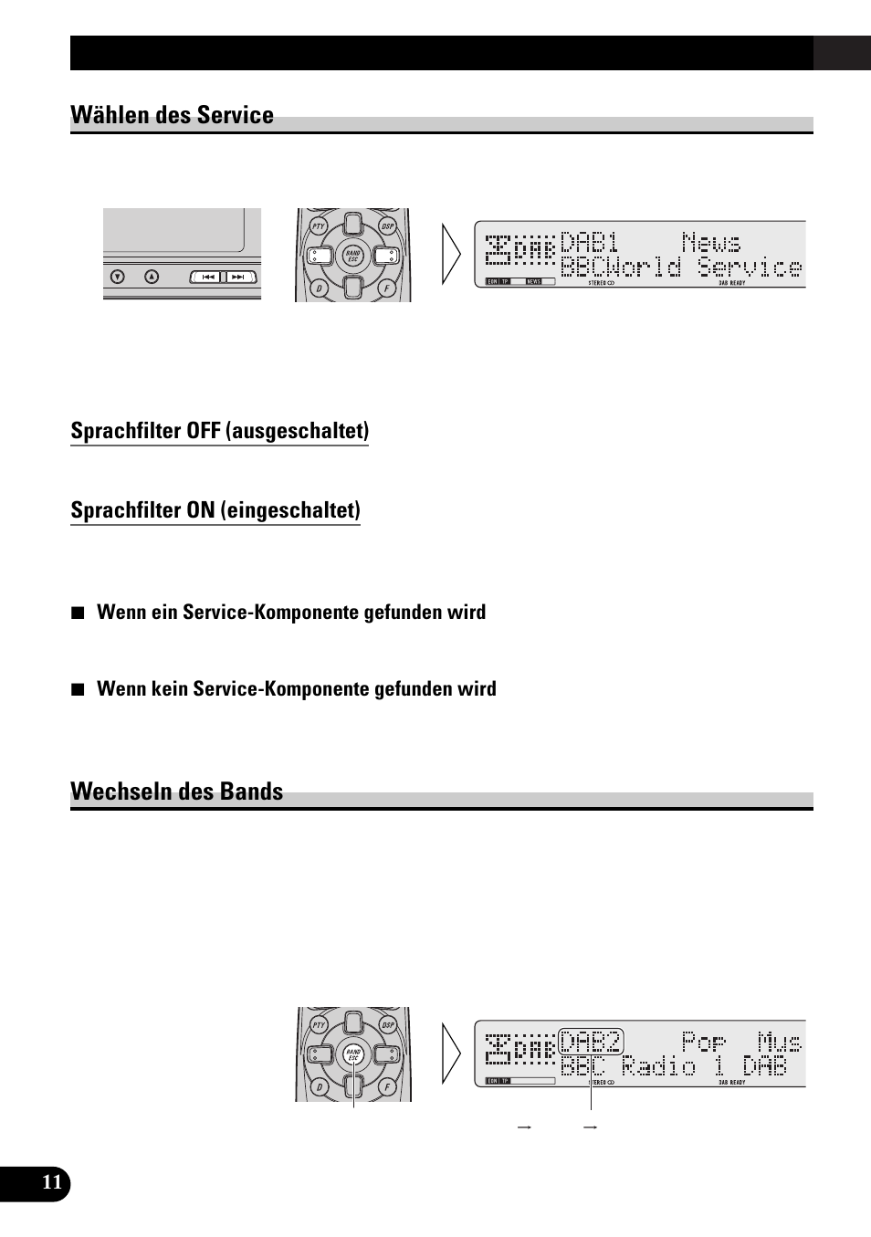 Wählen des service, Wechseln des bands, Grundlegender betrieb | Sprachfilter off (ausgeschaltet), Sprachfilter on (eingeschaltet) | Pioneer GEX-P900DAB User Manual | Page 68 / 88