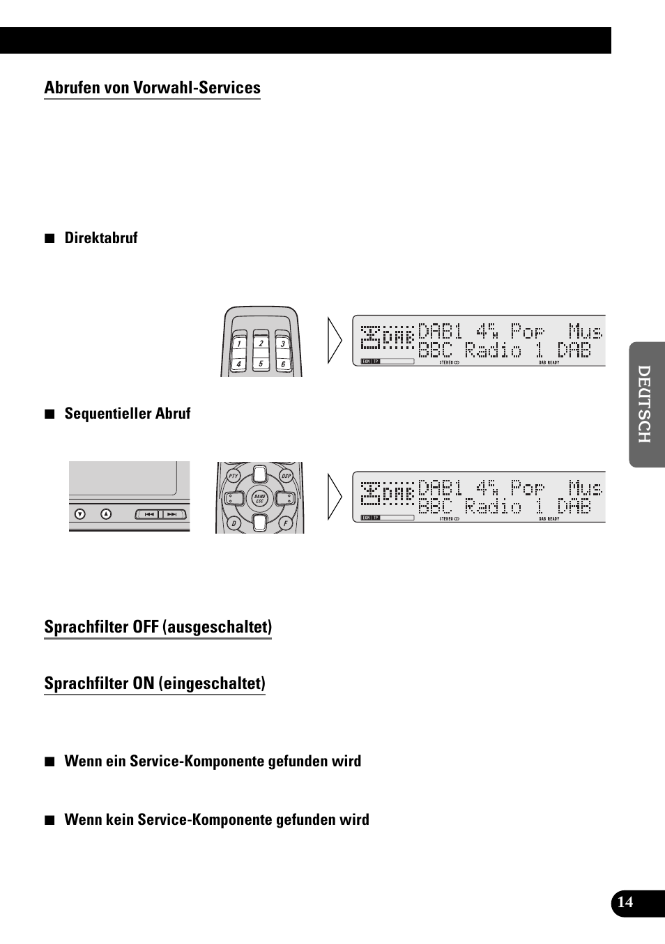 Abrufen von vorwahl-services, Sprachfilter off (ausgeschaltet), Sprachfilter on (eingeschaltet) | Pioneer GEX-P900DAB User Manual | Page 71 / 88