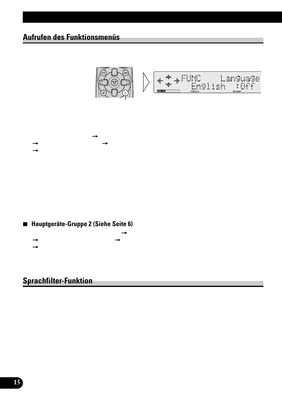 Gebrauch der dab-funktionen, Aufrufen des funktionsmenüs, Sprachfilter-funktion | Pioneer GEX-P900DAB User Manual | Page 72 / 88