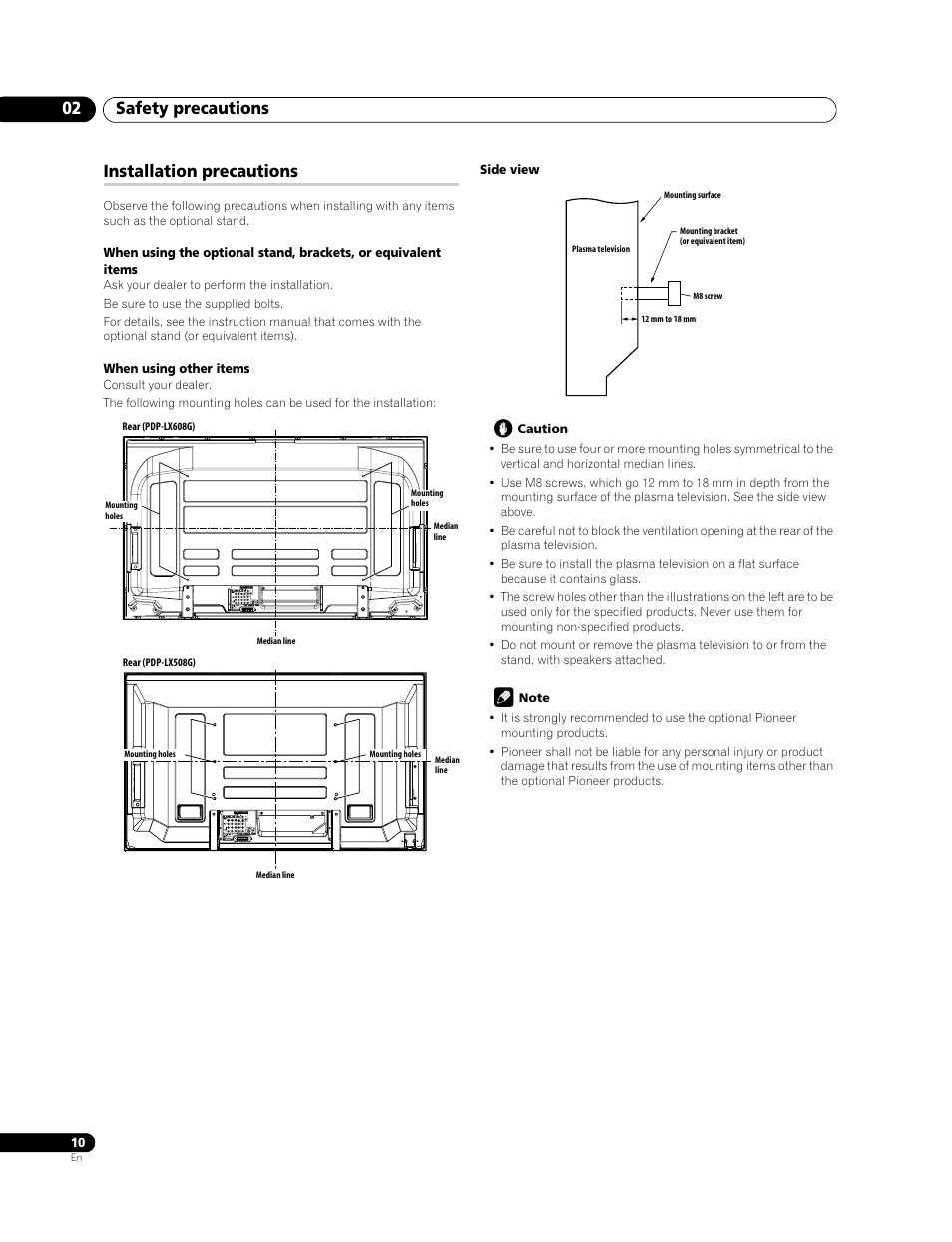 Installation precautions, Safety precautions 02 | Pioneer PDP-LX508G User Manual | Page 10 / 266