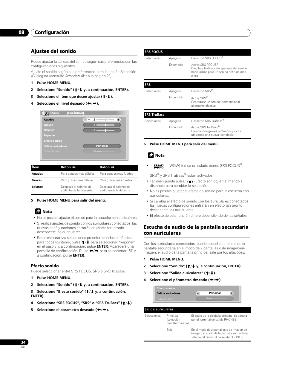 Configuración 08, Ajustes del sonido | Pioneer PDP-LX508G User Manual | Page 100 / 266