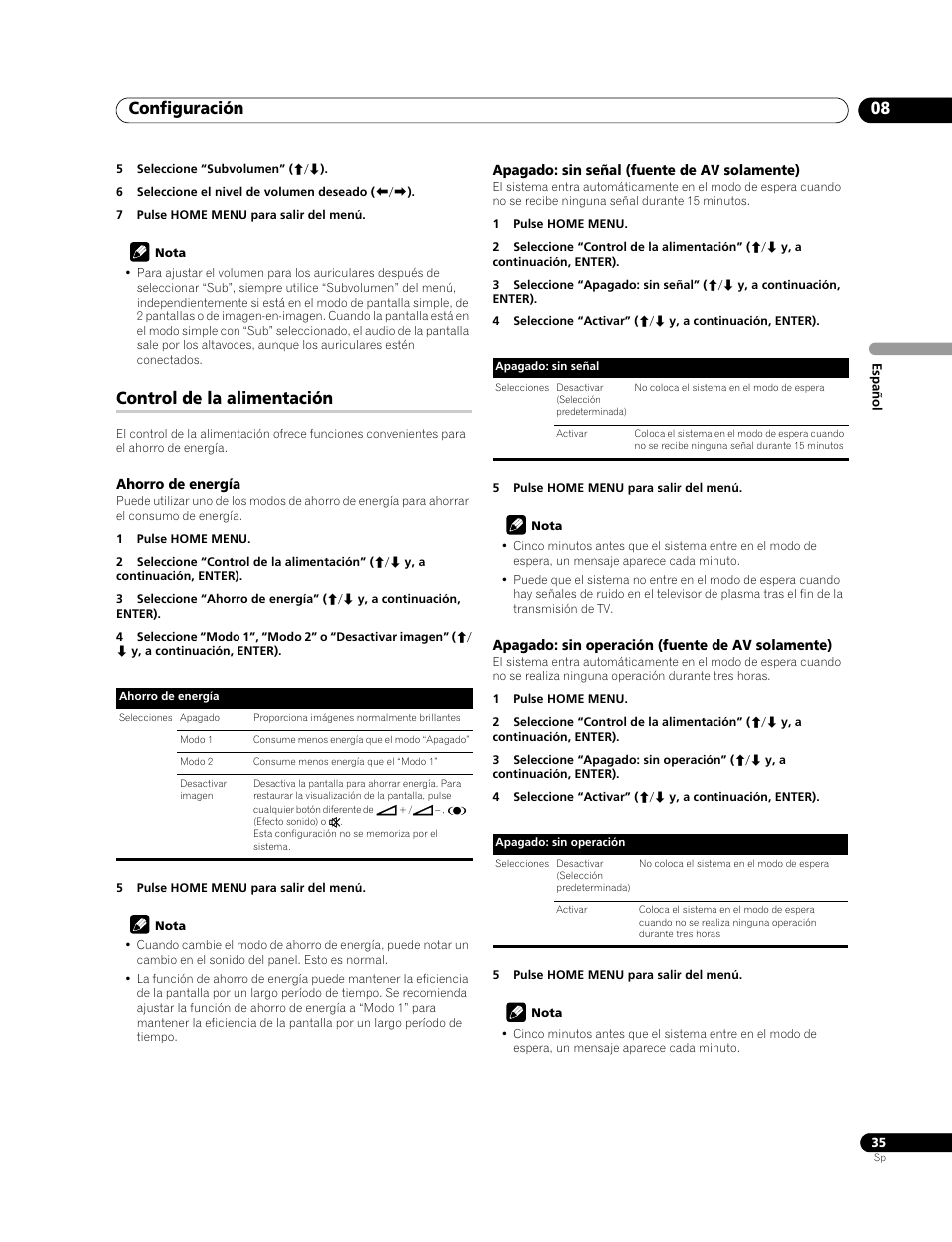 Control de la alimentación, Configuración 08 | Pioneer PDP-LX508G User Manual | Page 101 / 266