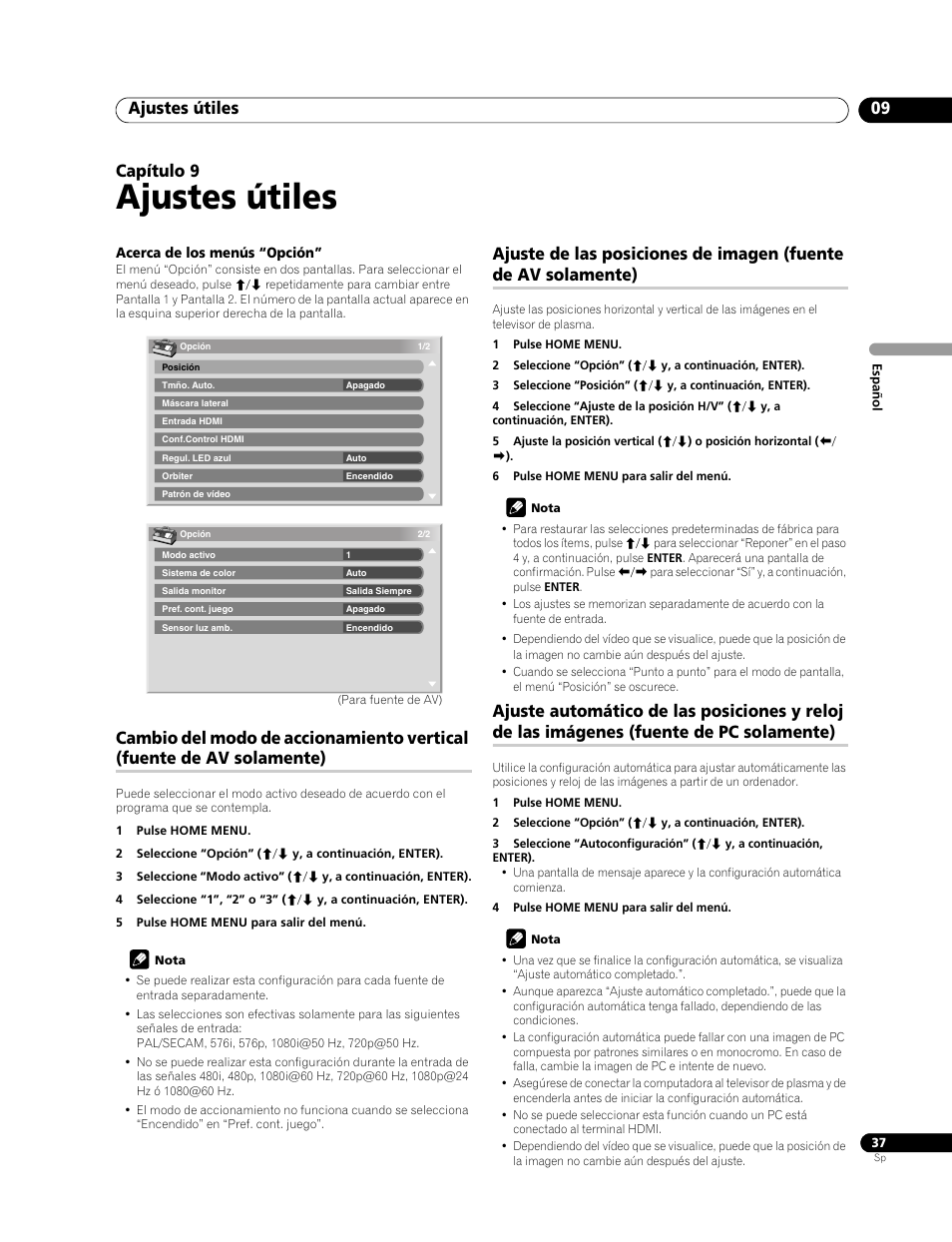 09 ajustes útiles, Ajustes útiles, Ajustes útiles 09 | Capítulo 9 | Pioneer PDP-LX508G User Manual | Page 103 / 266
