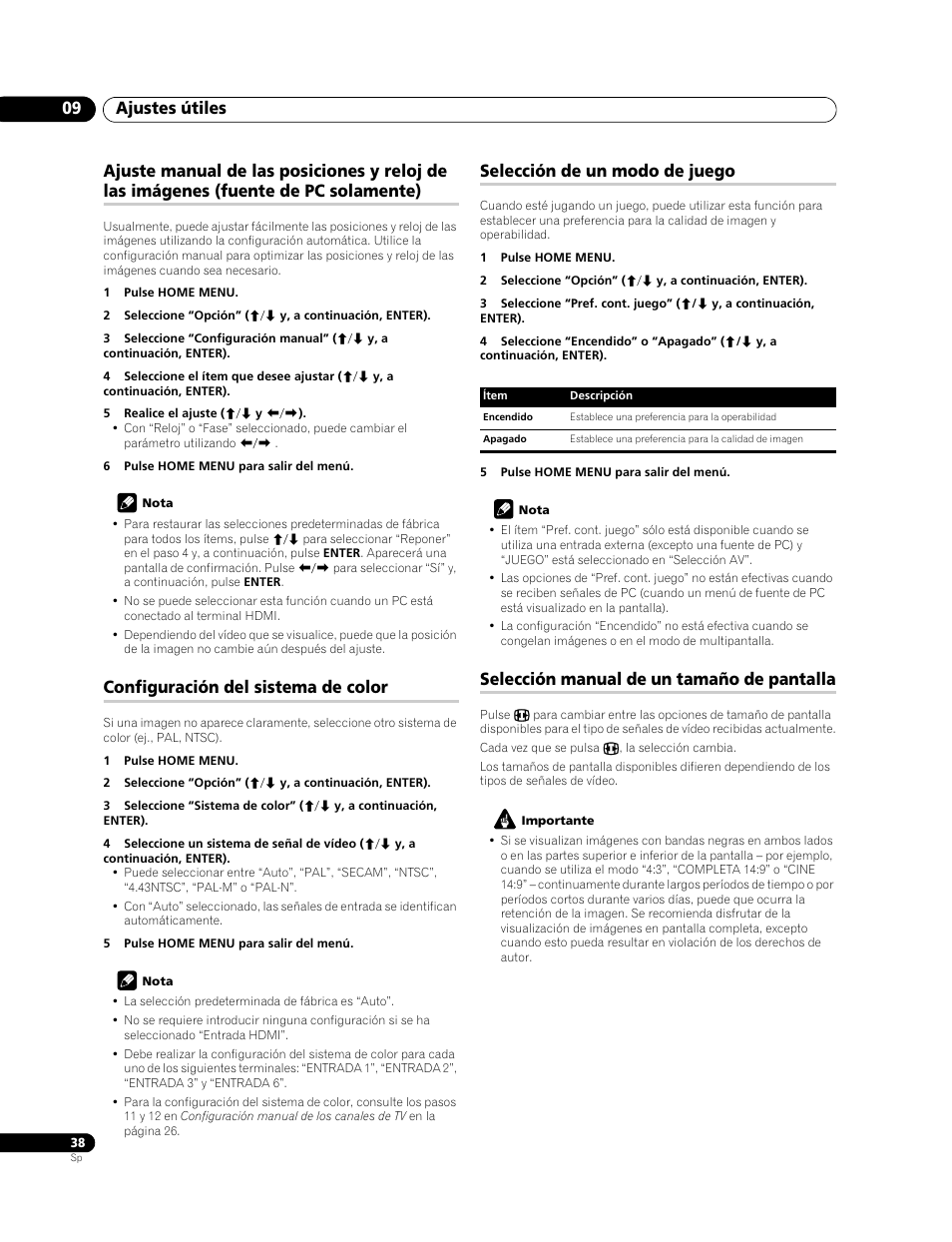 Ajustes útiles 09, Configuración del sistema de color, Selección de un modo de juego | Selección manual de un tamaño de pantalla | Pioneer PDP-LX508G User Manual | Page 104 / 266