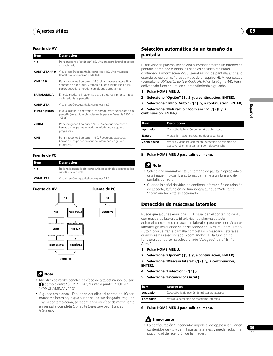 Ajustes útiles 09, Selección automática de un tamaño de pantalla, Detección de máscaras laterales | Pioneer PDP-LX508G User Manual | Page 105 / 266