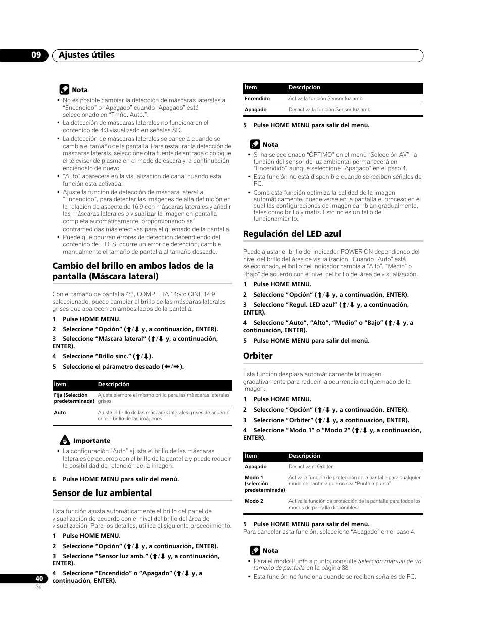 Ajustes útiles 09, Sensor de luz ambiental, Regulación del led azul | Orbiter | Pioneer PDP-LX508G User Manual | Page 106 / 266