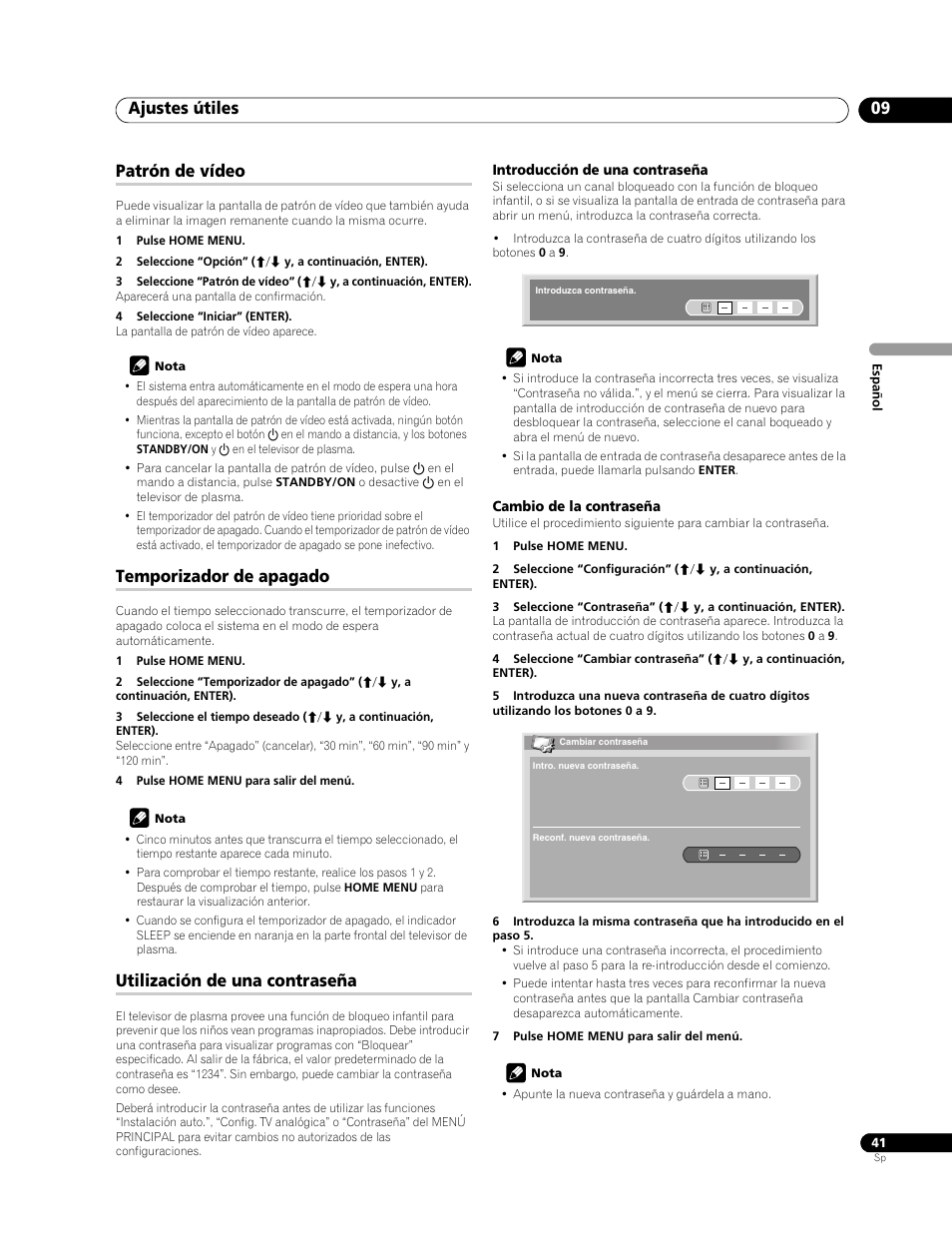 Ajustes útiles 09, Patrón de vídeo, Temporizador de apagado | Utilización de una contraseña | Pioneer PDP-LX508G User Manual | Page 107 / 266