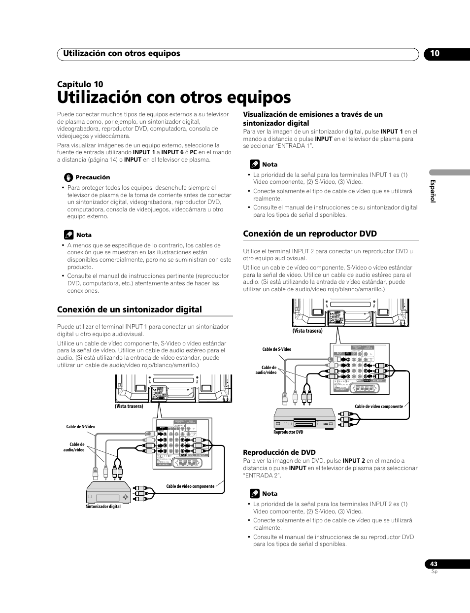 10 utilización con otros equipos, Utilización con otros equipos, Utilización con otros equipos 10 | Capítulo 10, Conexión de un sintonizador digital, Conexión de un reproductor dvd | Pioneer PDP-LX508G User Manual | Page 109 / 266