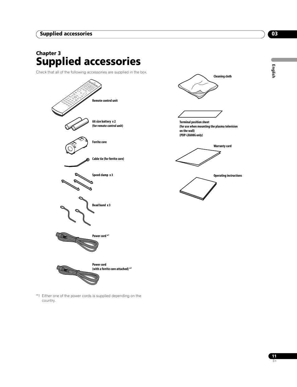03 supplied accessories, Supplied accessories, Supplied accessories 03 | Chapter 3 | Pioneer PDP-LX508G User Manual | Page 11 / 266