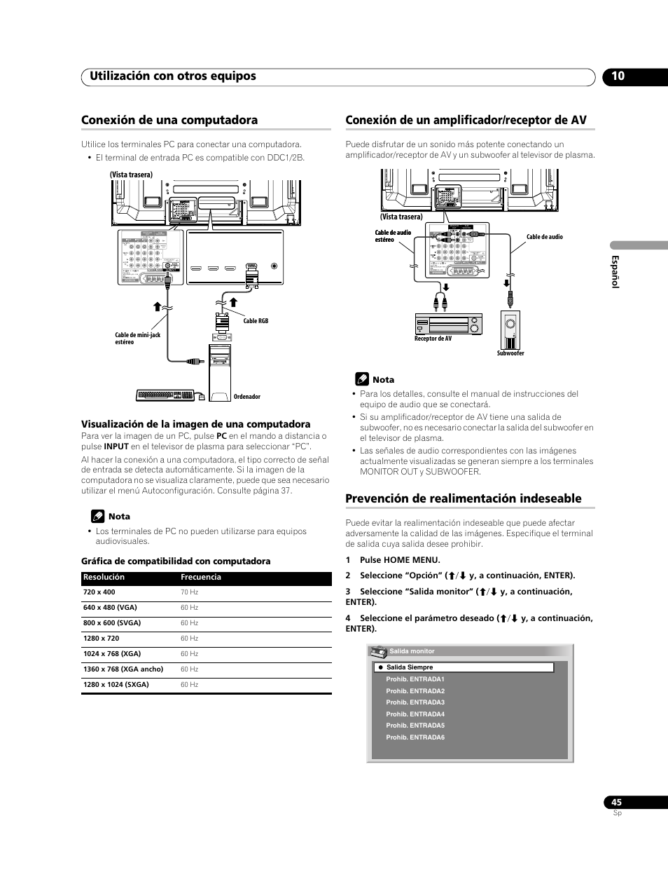 Utilización con otros equipos 10, Conexión de una computadora, Conexión de un amplificador/receptor de av | Prevención de realimentación indeseable | Pioneer PDP-LX508G User Manual | Page 111 / 266