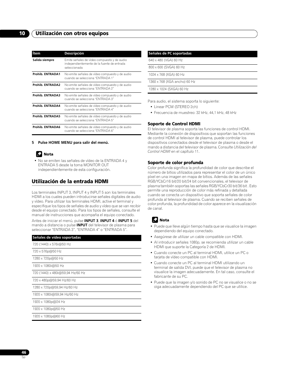 Utilización de la entrada hdmi, Utilización con otros equipos 10 | Pioneer PDP-LX508G User Manual | Page 112 / 266