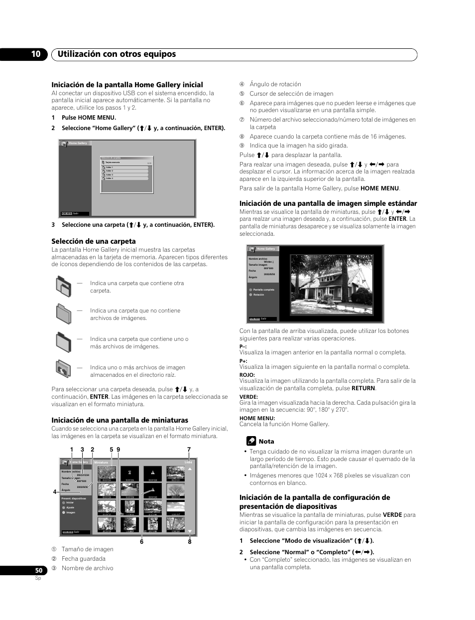 Utilización con otros equipos 10, Iniciación de la pantalla home gallery inicial, Selección de una carpeta | Iniciación de una pantalla de miniaturas | Pioneer PDP-LX508G User Manual | Page 116 / 266