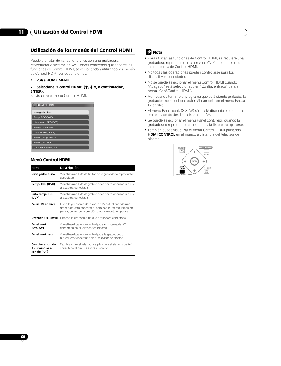 Utilización de los menús del control hdmi, Utilización del control hdmi 11 | Pioneer PDP-LX508G User Manual | Page 126 / 266